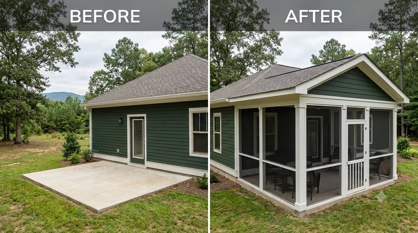 Screened porch before and after in Huntsville, AL